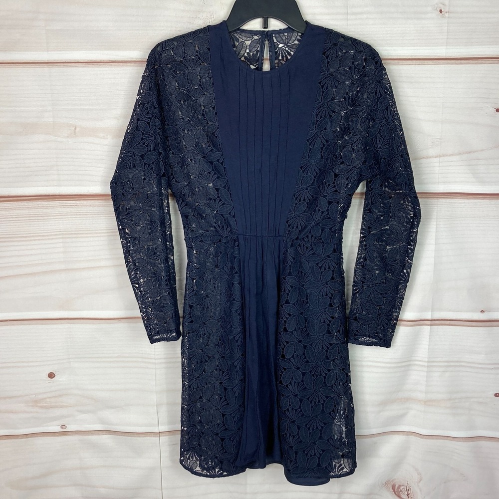 Maje Dress Womens 2 Blue Lace Mini Crew Neck Fit And Flare Long Sleeve Solid